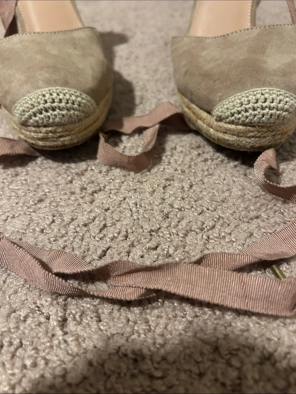 JustFab Taupe and Cream Espadrille Wedge Sandals with Ankle Wrap